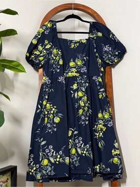 Time and Tru XXL Navy Blue Floral Citrus Tie Back Puff Sleeve Dress